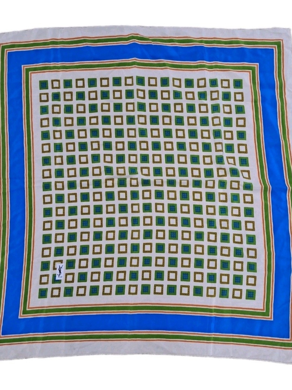 Yves Saint Laurent Blue Green Geometric Silk Scarf